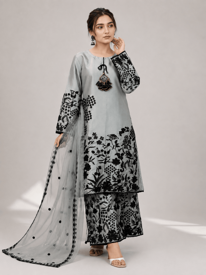 Grey and Black Floral Embroidered 3-Piece Stitched Suit for Women