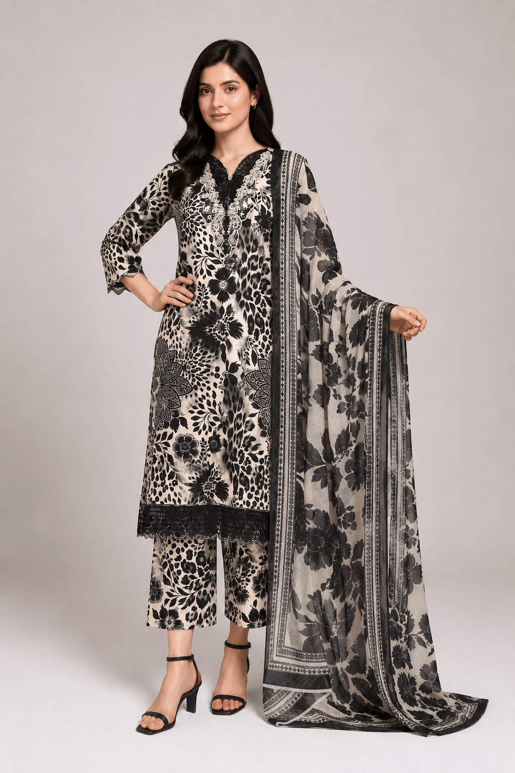 Black Printed Embroidered Suit with Cream Floral | 3-Piece - Rovaya