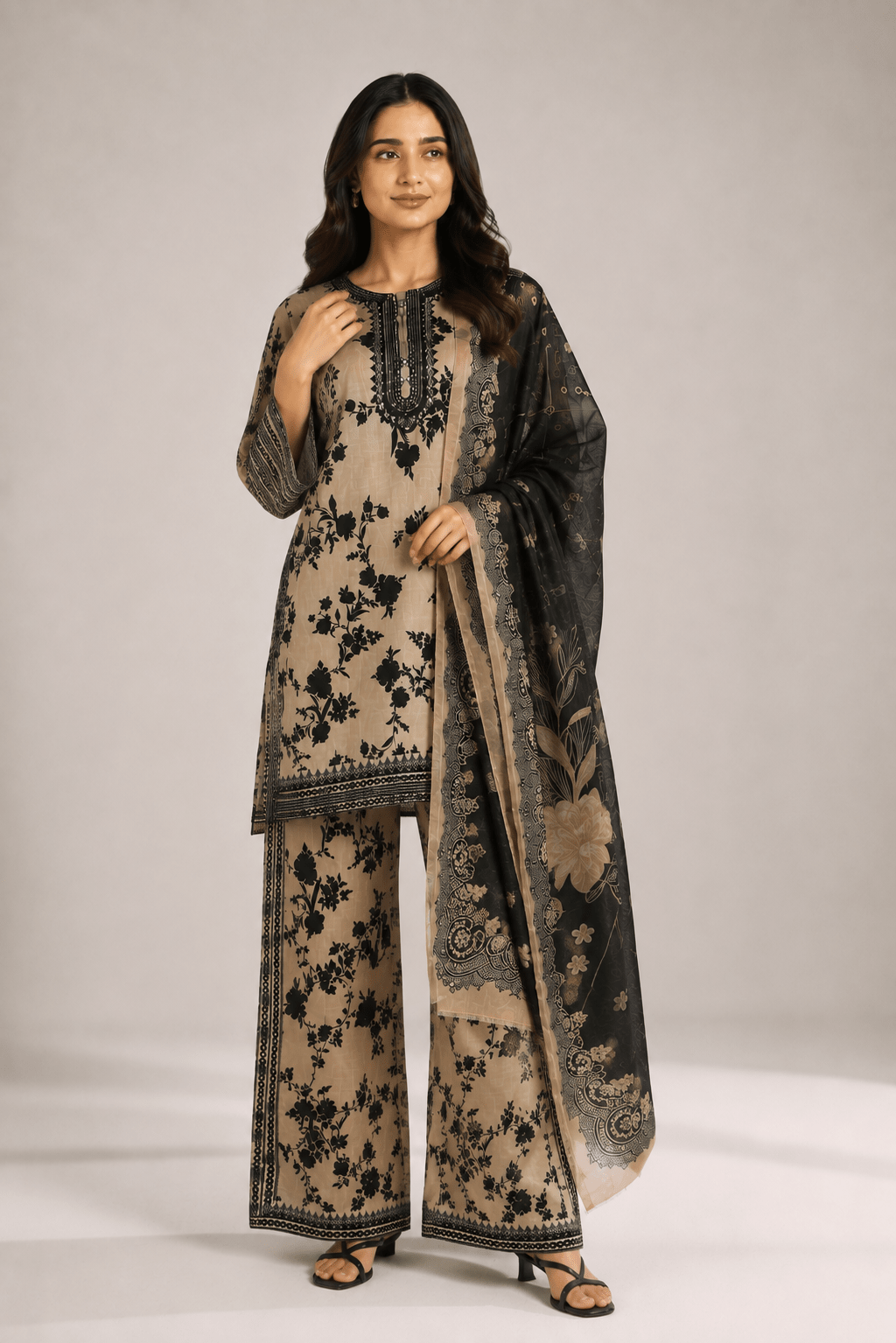 Beige Printed Embroidered Suit | 3-Piece - Rovaya