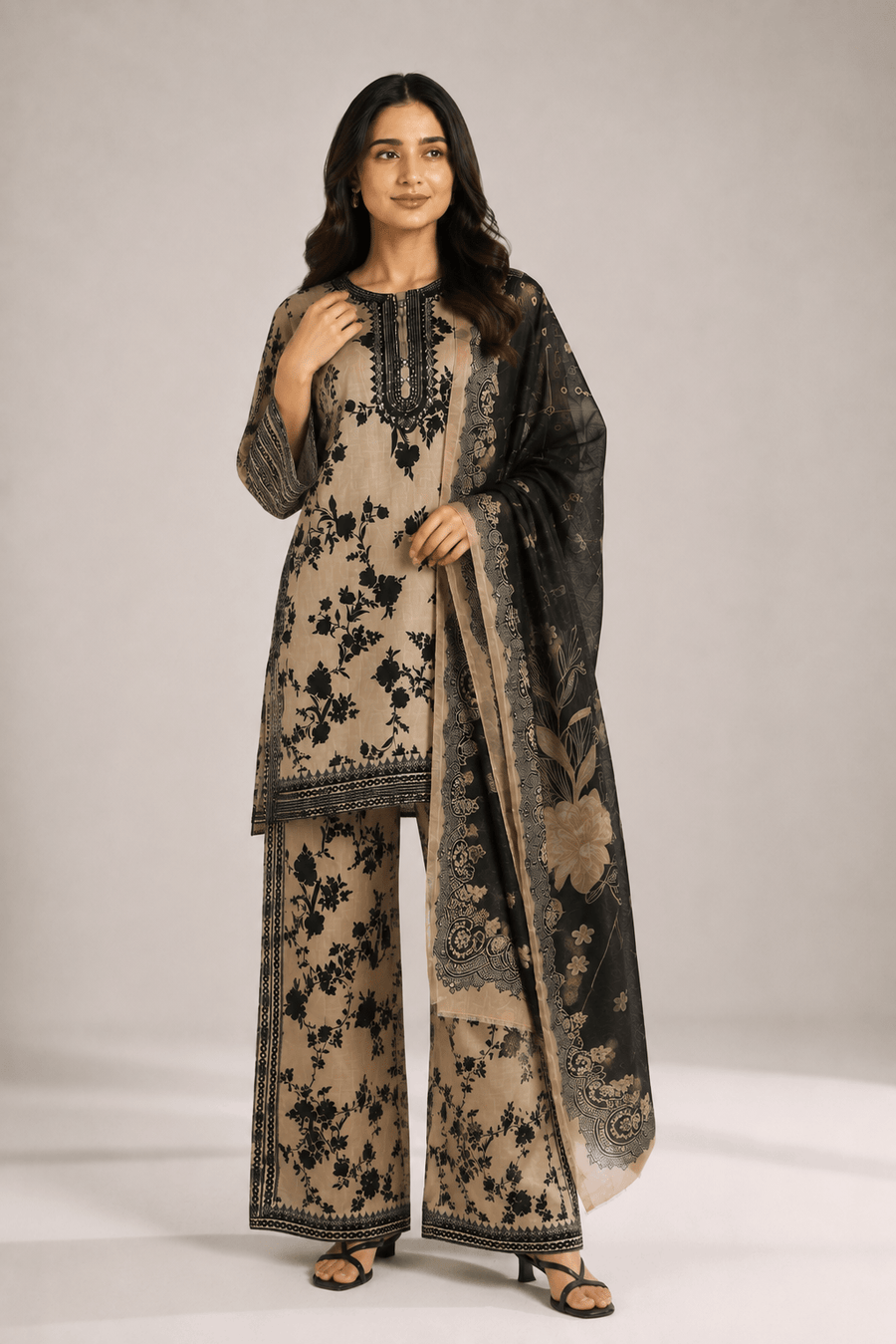 Beige Printed Embroidered Suit | 3-Piece