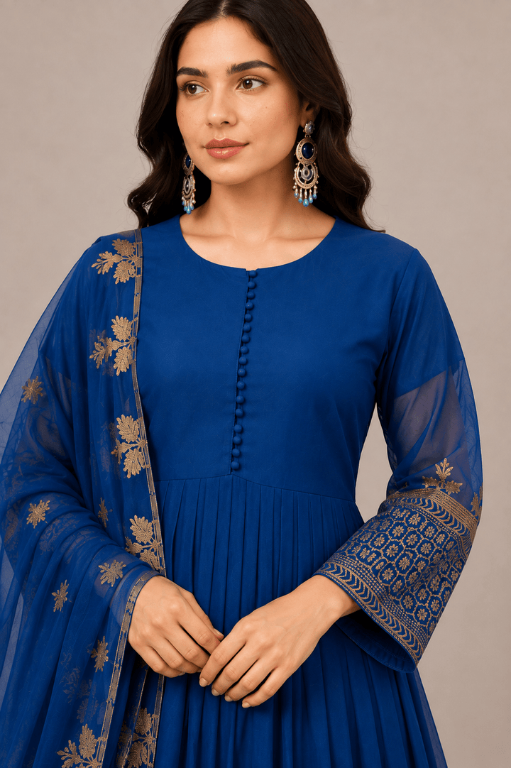 Royal Blue Anarkali Frock with Gold Embroidery for Women