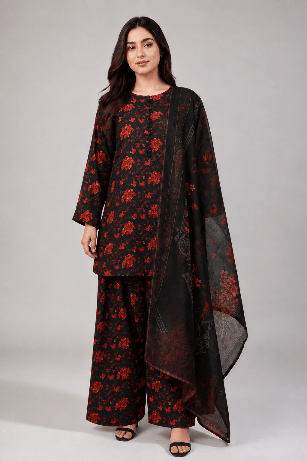Black and Red Floral Suit | 3-Piece - Rovaya