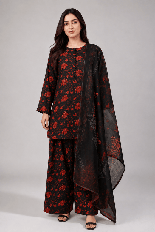 Black and Red Floral Suit | 3-Piece