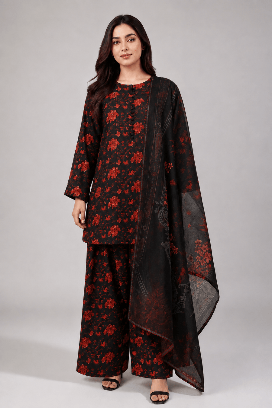 Black and Red Floral Suit | 3-Piece