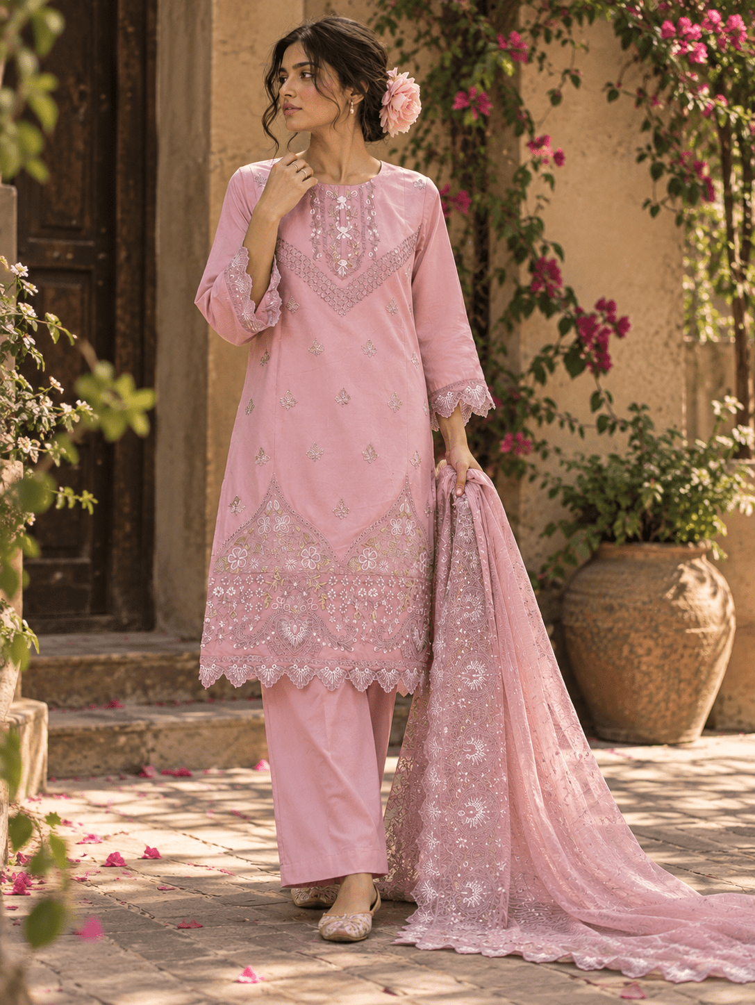 Tea Pink Embroidered Cotton Suit | 3-Piece | Rovaya