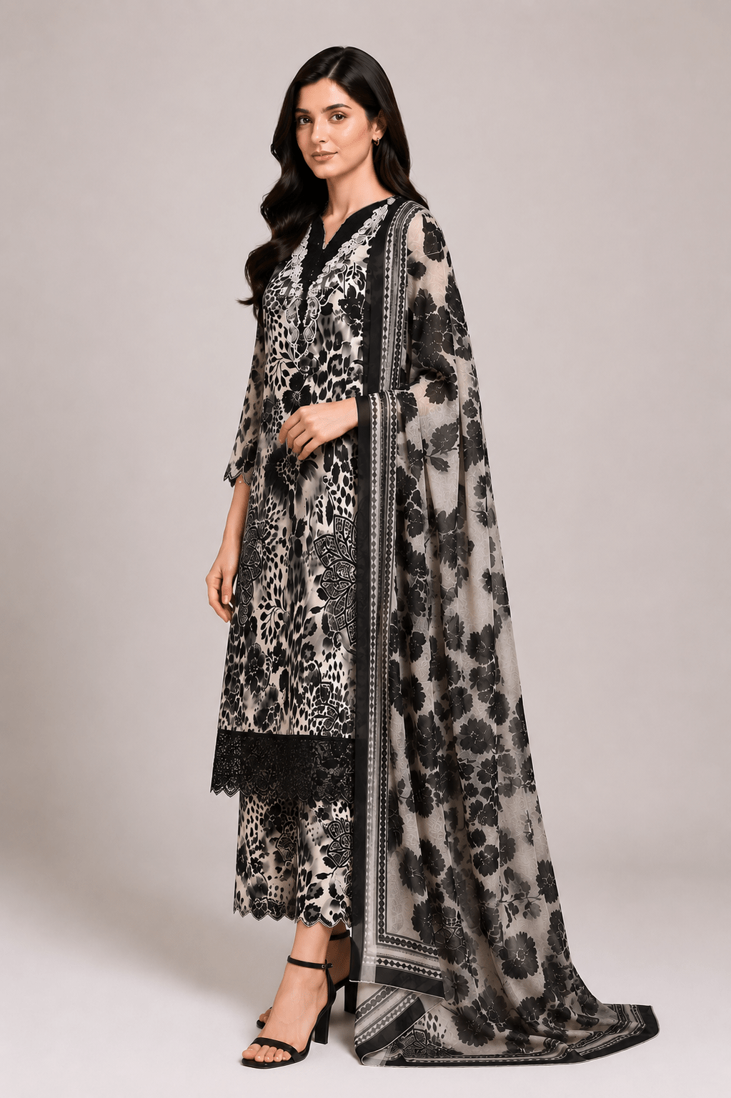 Black Printed Embroidered Suit with Cream Floral | 3-Piece - Rovaya