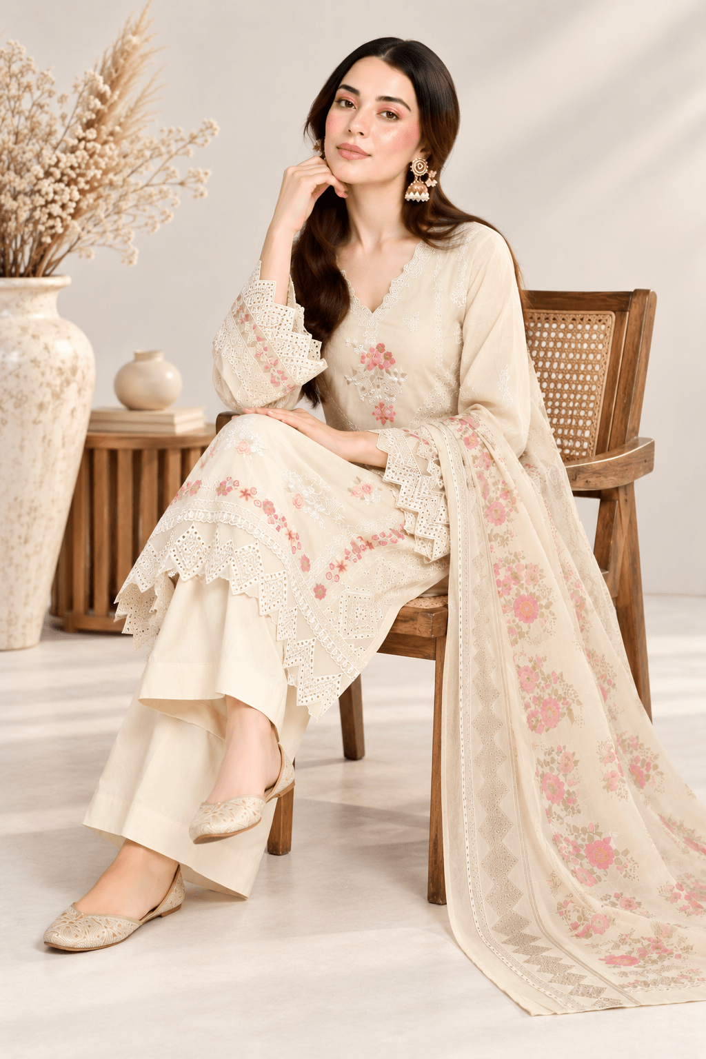 Off White Embroidered Cotton Suit | Stitched | Rovaya