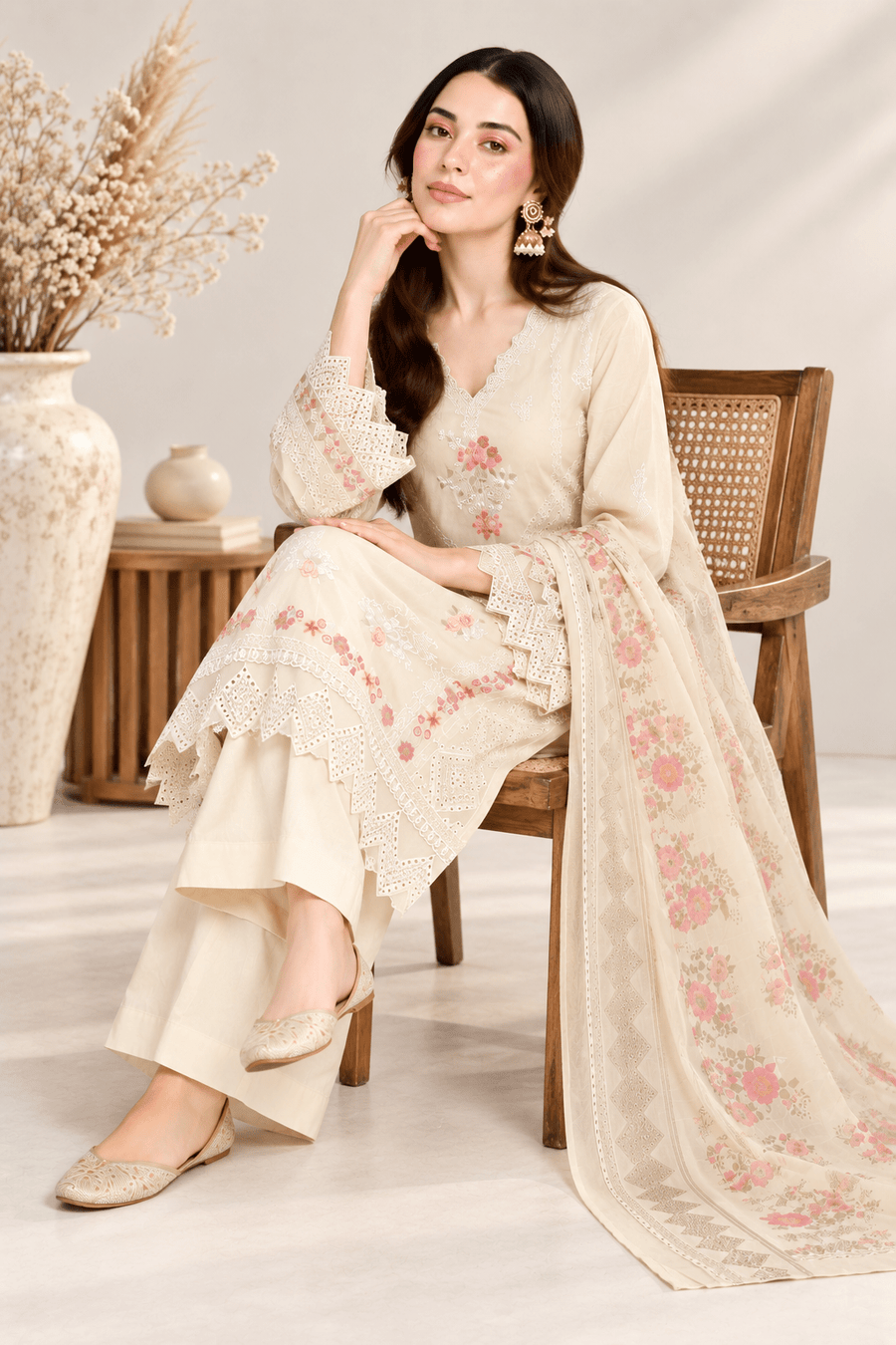 cream embroidered stitched suit