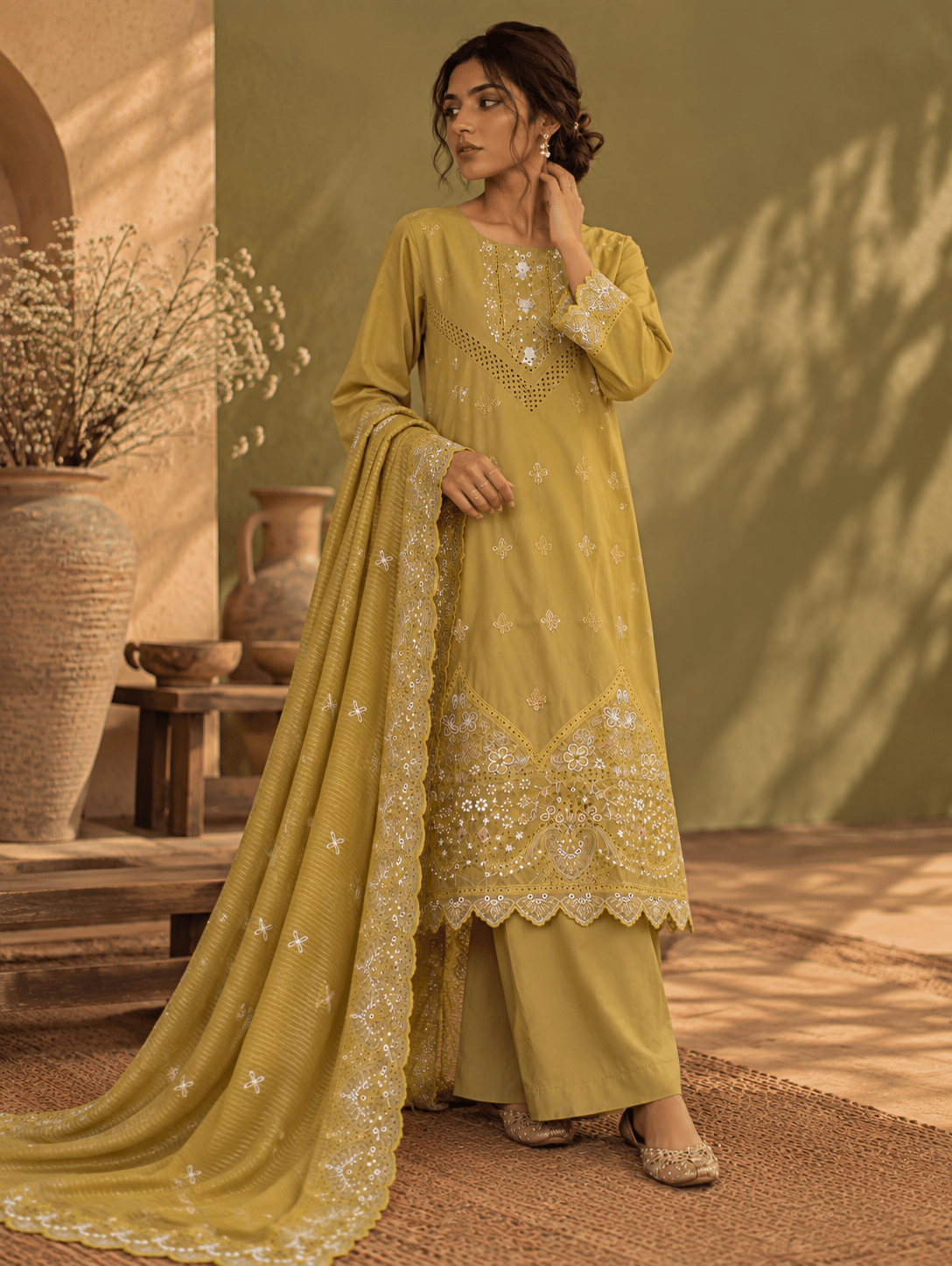 Mehndi Green Embroidered Cotton Suit | Rovaya
