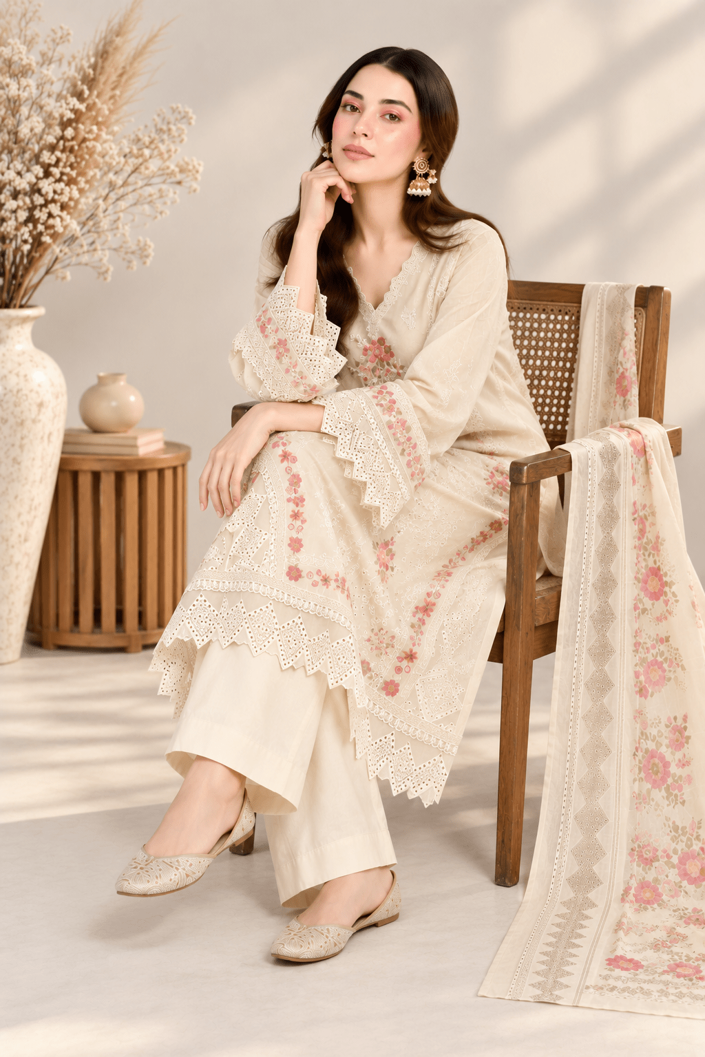 Off White Embroidered Cotton Suit | Stitched | Rovaya