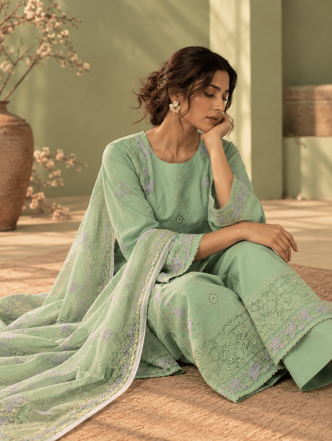 Mint Green Embroidered Cotton Suit | 3-Piece | Rovaya
