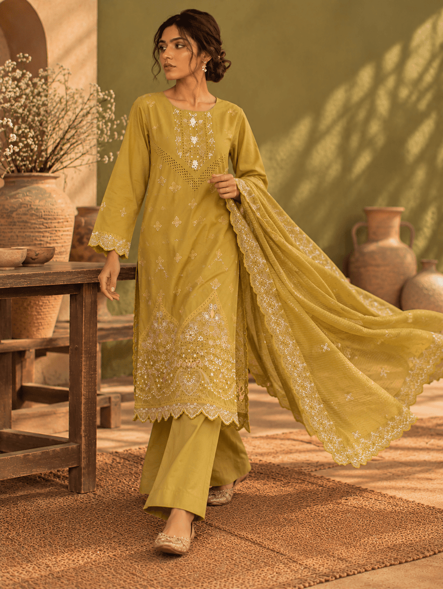 mustard embroidered stitched suit