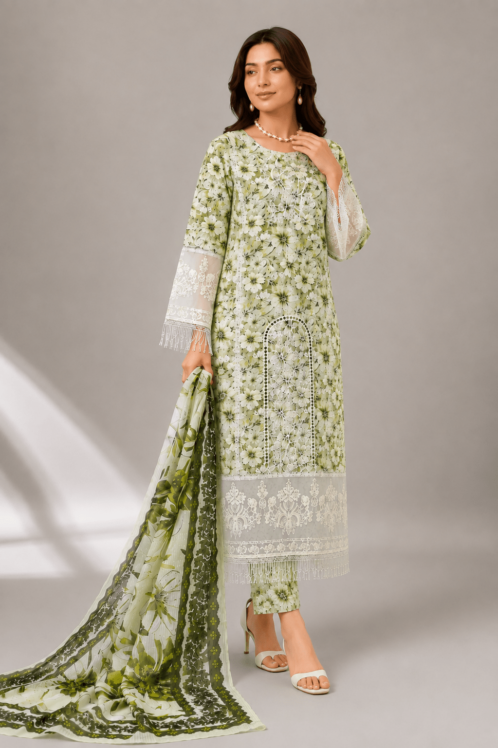 White Embroidered Suit with Green Floral Work | 3-Piece