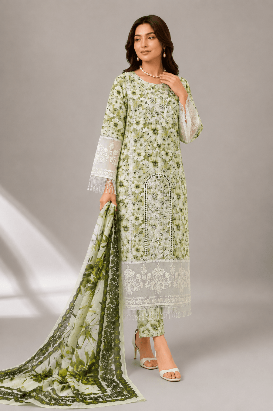 White and Green Floral Embroidered 3-Piece Stitched Suit for Women