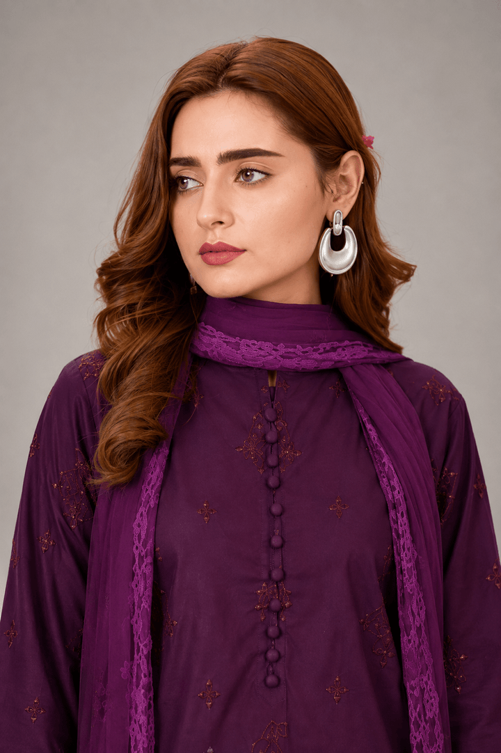 Plum Embroidered 3-Piece Stitched Suit for Women