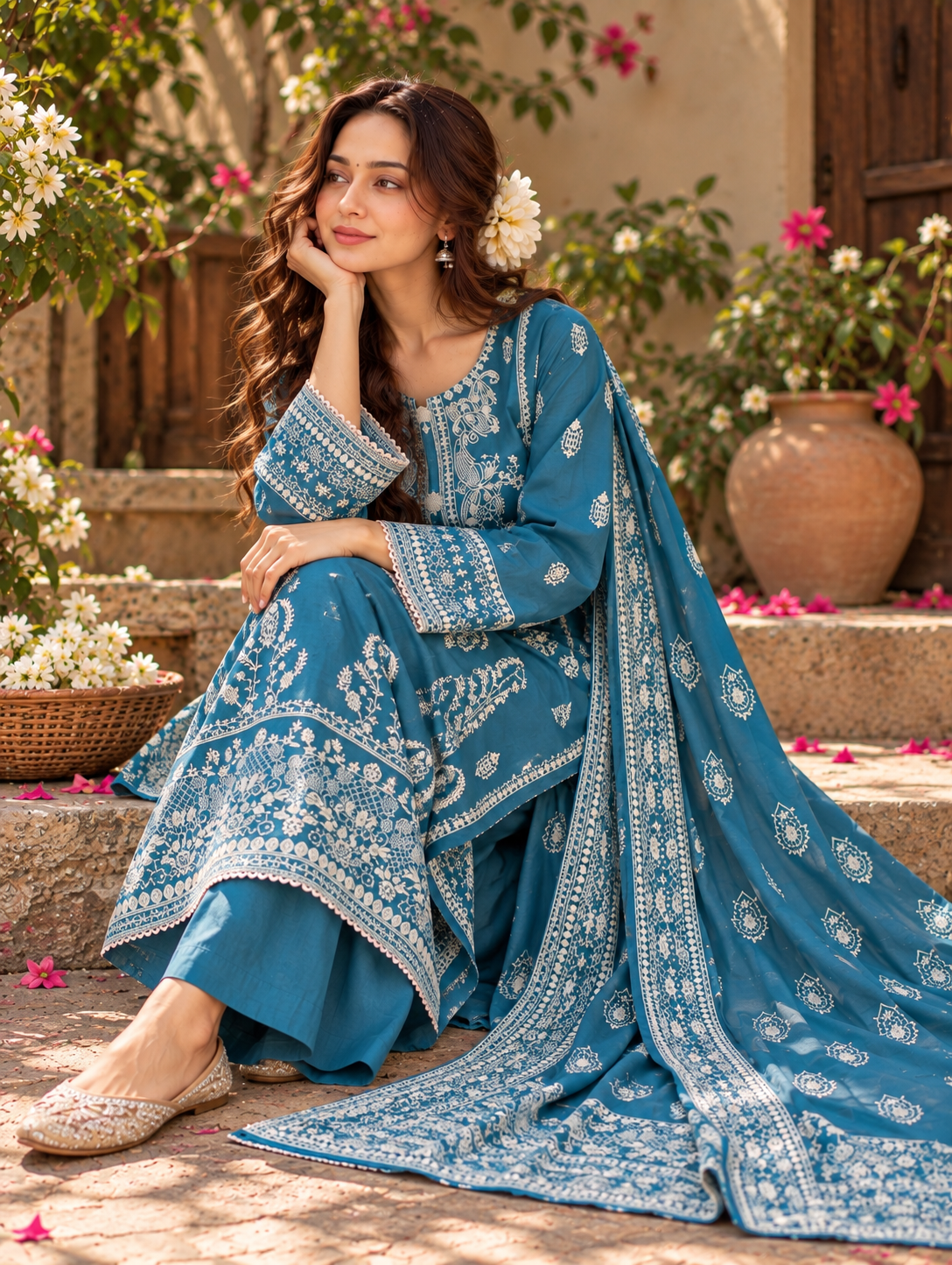 Blue Embroidered Cotton Suit | 3-Piece | Rovaya