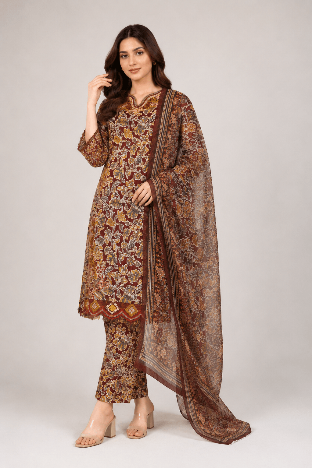 Maroon Printed Suit | 3-Piece - Rovaya