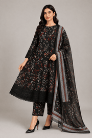 Black and Red Floral Printed 3-Piece Stitched Suit for Women