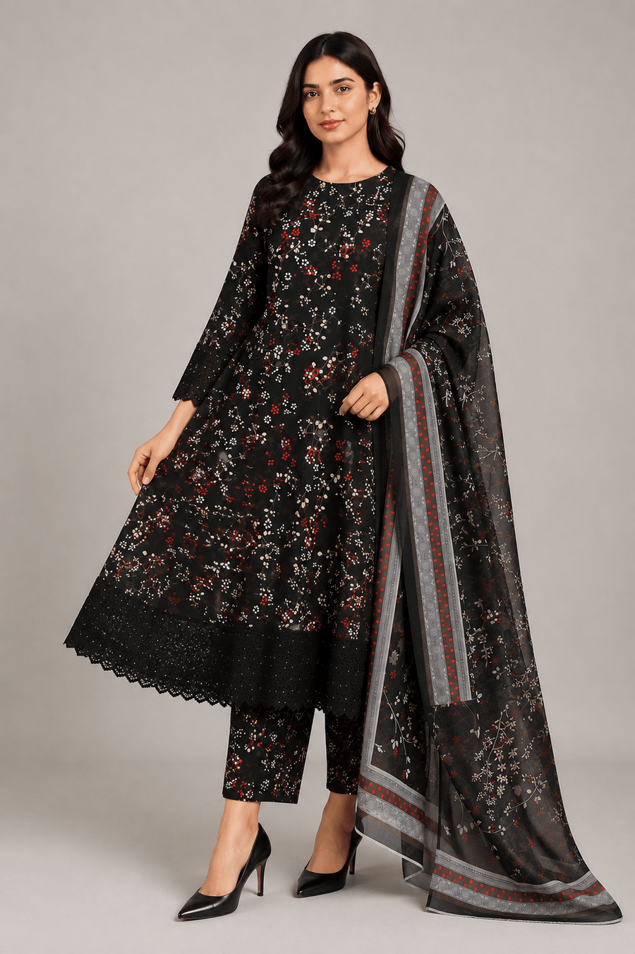 Black and Red Floral Printed 3-Piece Stitched Suit for Women