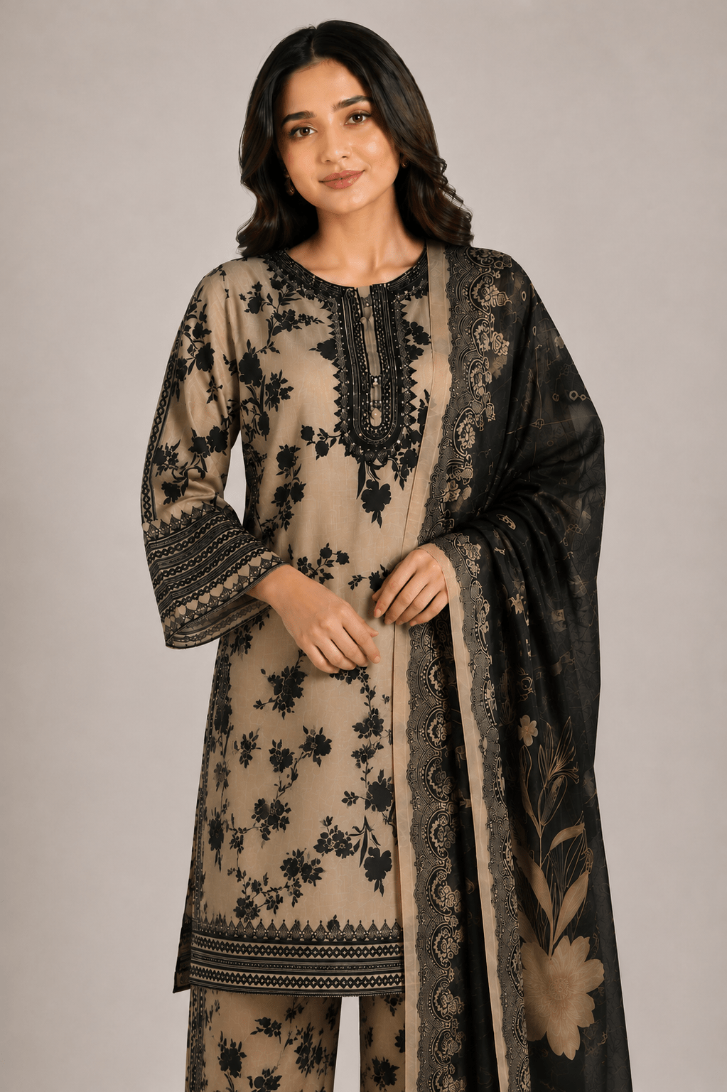 Beige Printed Embroidered Suit | 3-Piece - Rovaya