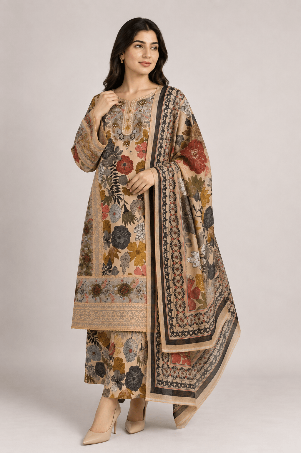 Tan Floral Printed Suit | 3-Piece - Rovaya