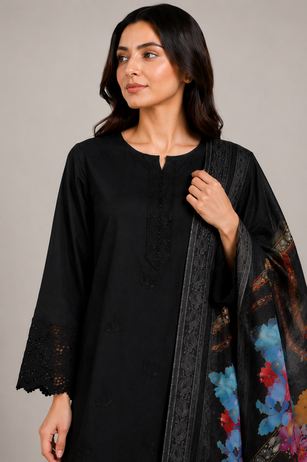 Black Suit with Printed Dupatta | 3-Piece