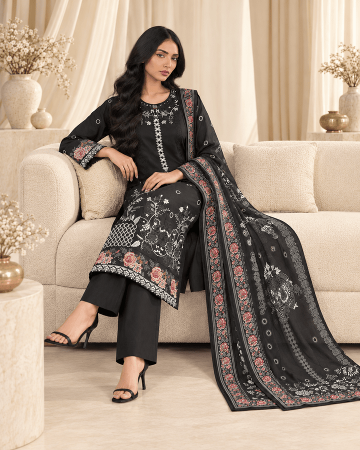 black embroidered stitched suit