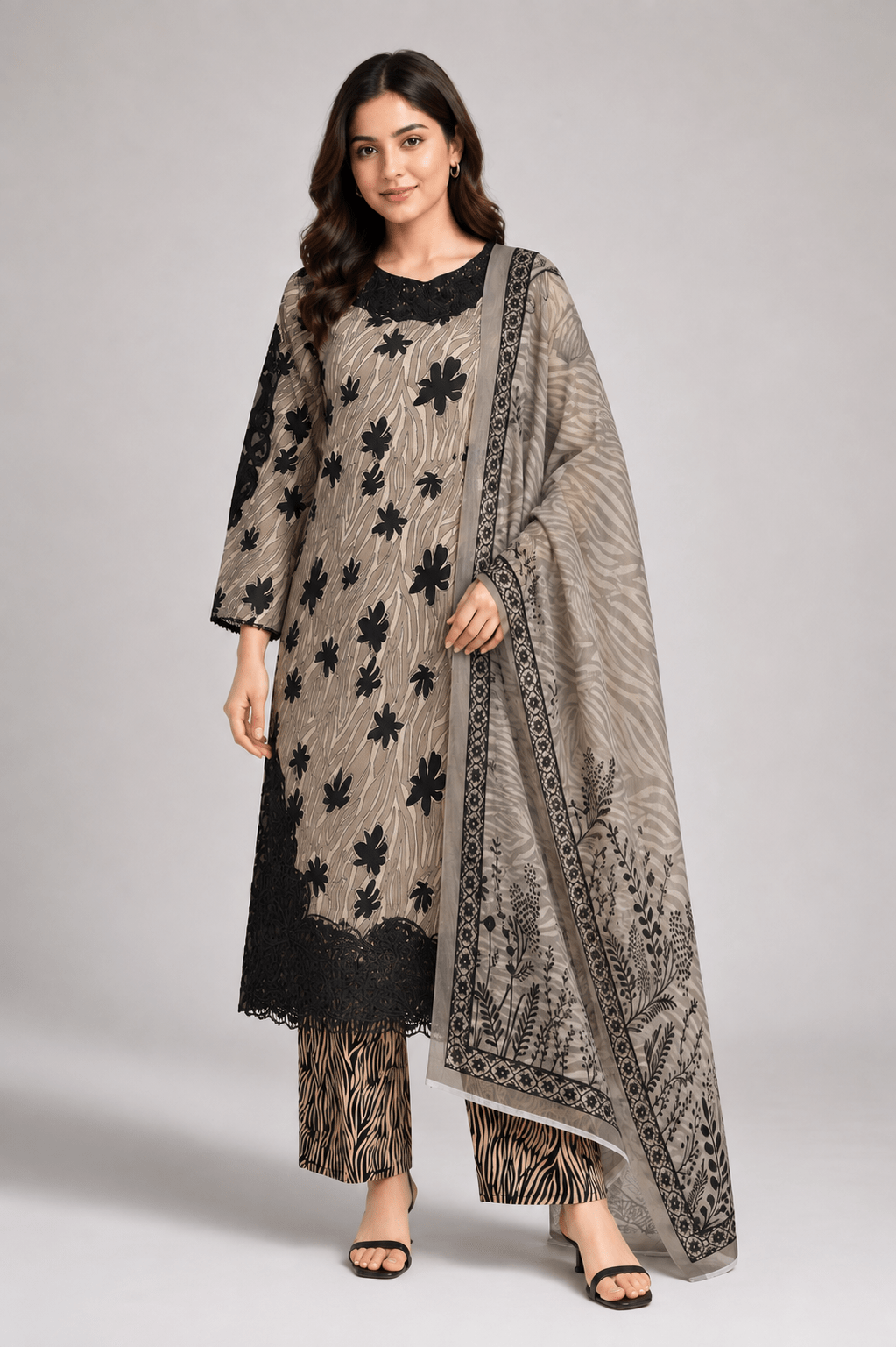 Black and Beige Embroidered Suit | 3-Piece - Rovaya