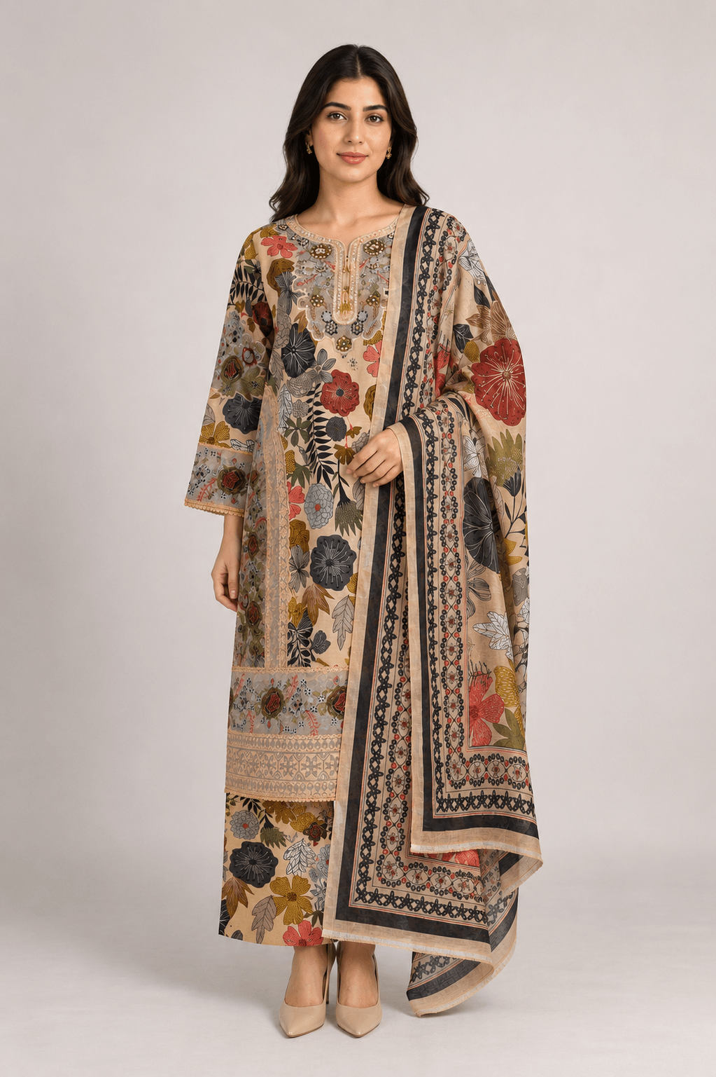 Tan Floral Printed Suit | 3-Piece - Rovaya