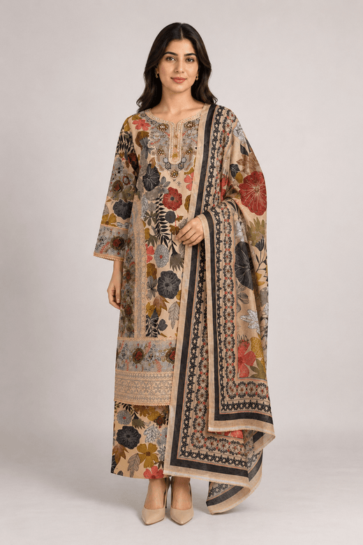 Tan Floral Printed Suit | 3-Piece