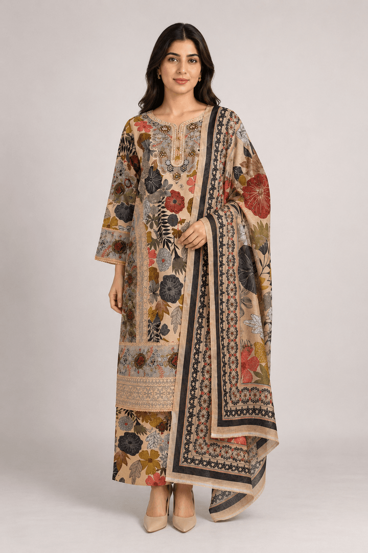 beige floral stitched suit ready to wear
