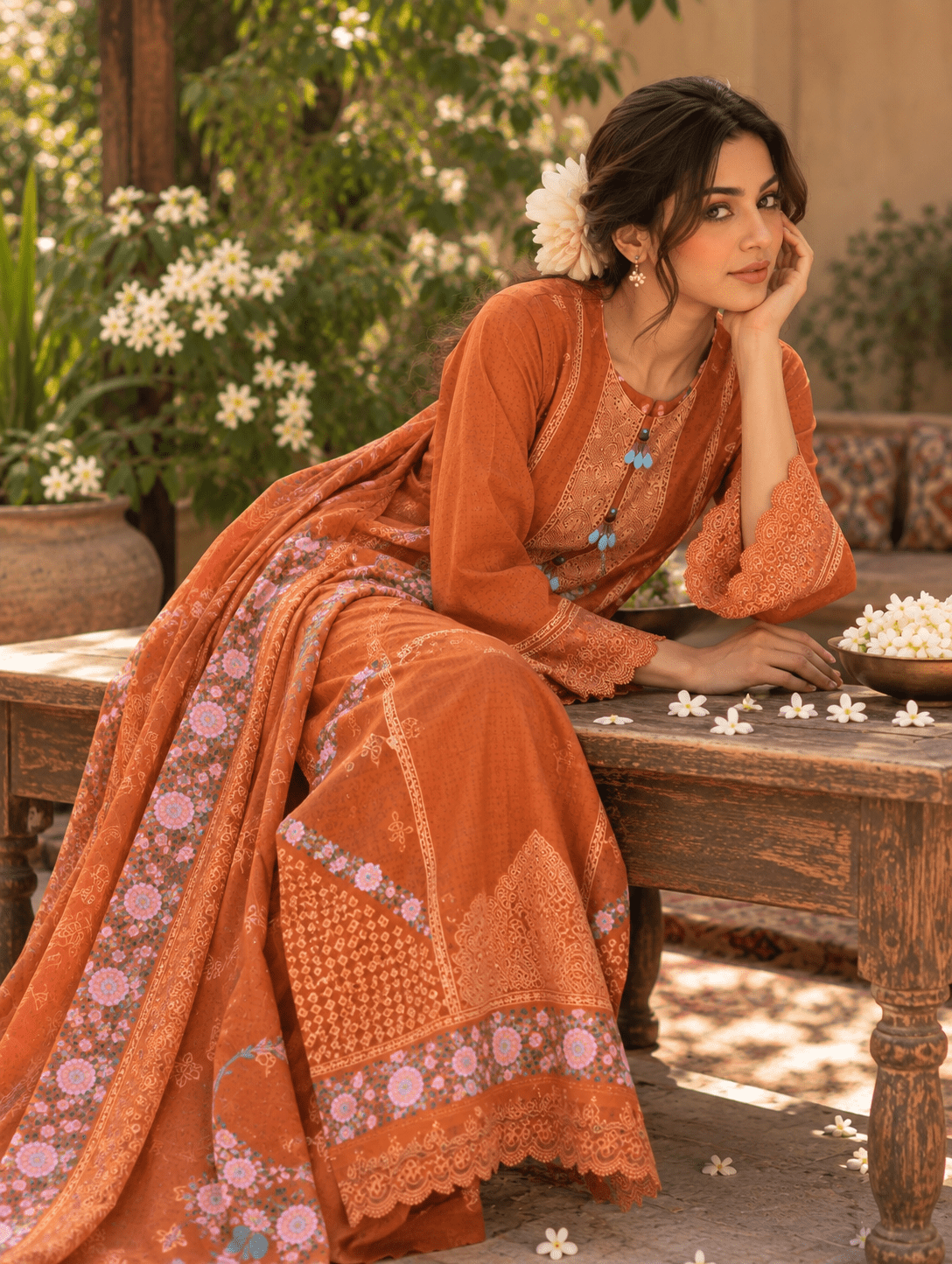 Burnt Orange Cotton Suit | 3-Piece Stitched | Rovaya