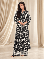 Black Leaf Print Stitched Suit | Rovaya