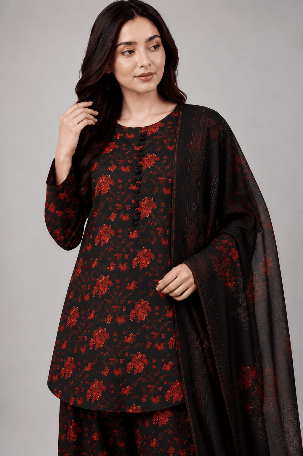 Black and Red Floral Suit | 3-Piece - Rovaya