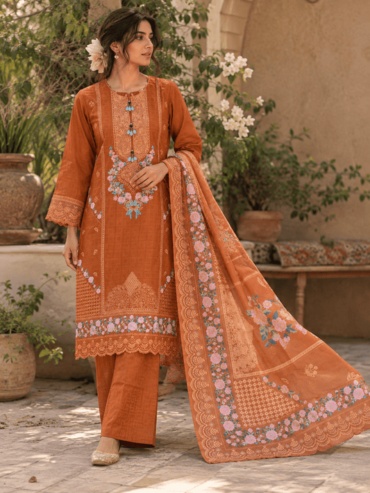 Burnt Orange Cotton Suit | 3-Piece Stitched | Rovaya