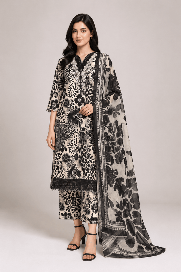 Black Printed Embroidered Suit with Cream Floral | 3-Piece - Rovaya