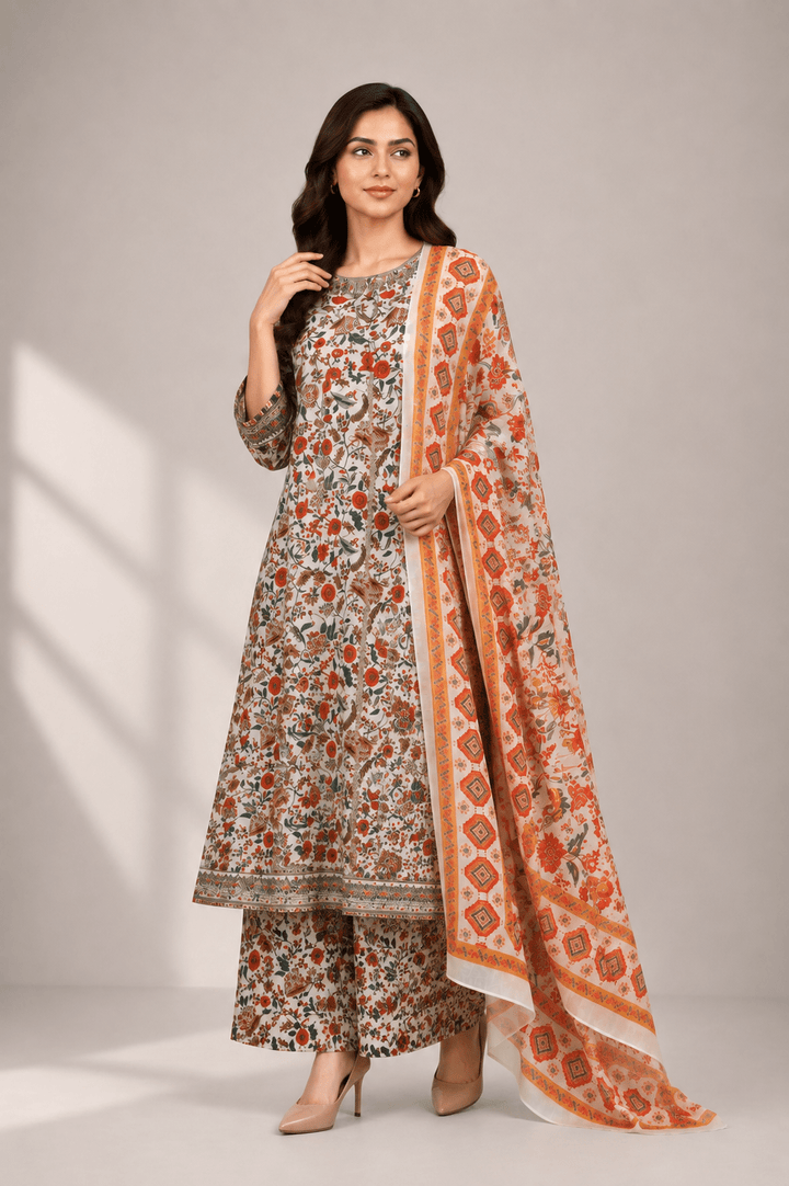 ivory and orange stitched suit