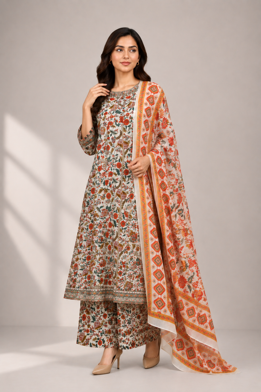 Cream Floral Printed Suit | 3-Piece
