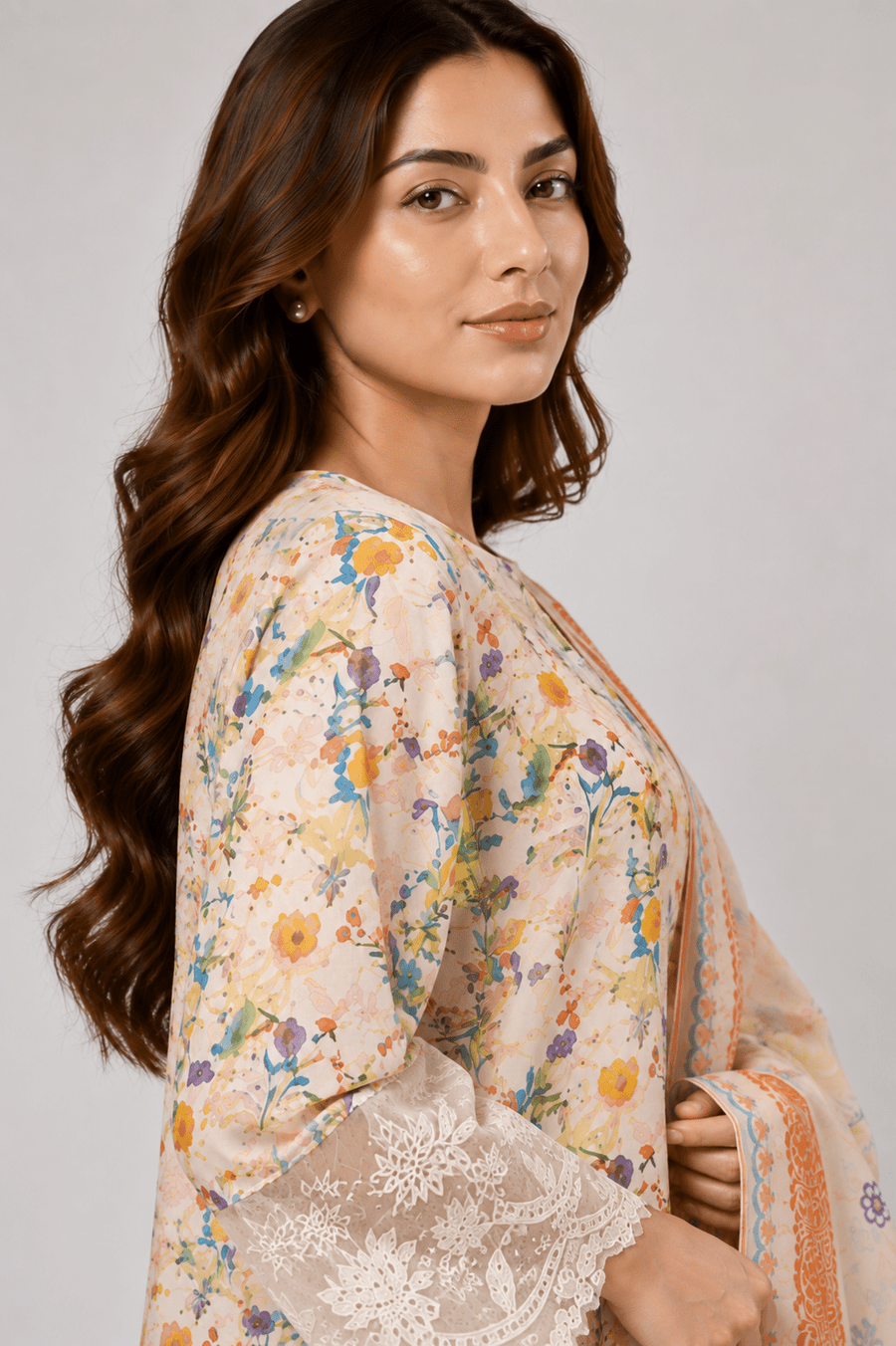 Ivory Multicolour Floral Printed 3-Piece Stitched Suit for Women
