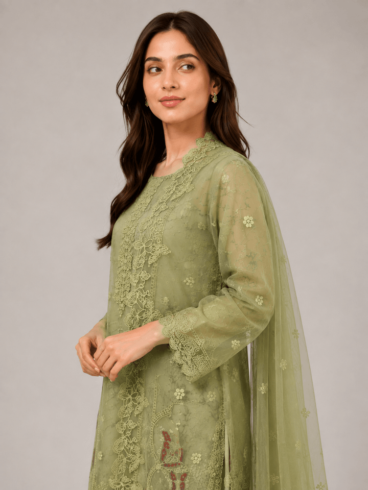 Sage Green Tonal Embroidered Stitched Suit for Women