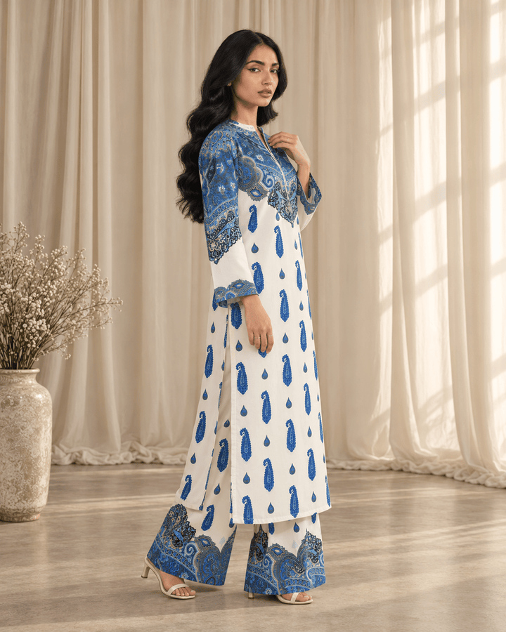 blue paisley print stitched suit