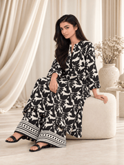 Black Leaf Print Stitched Suit | Rovaya