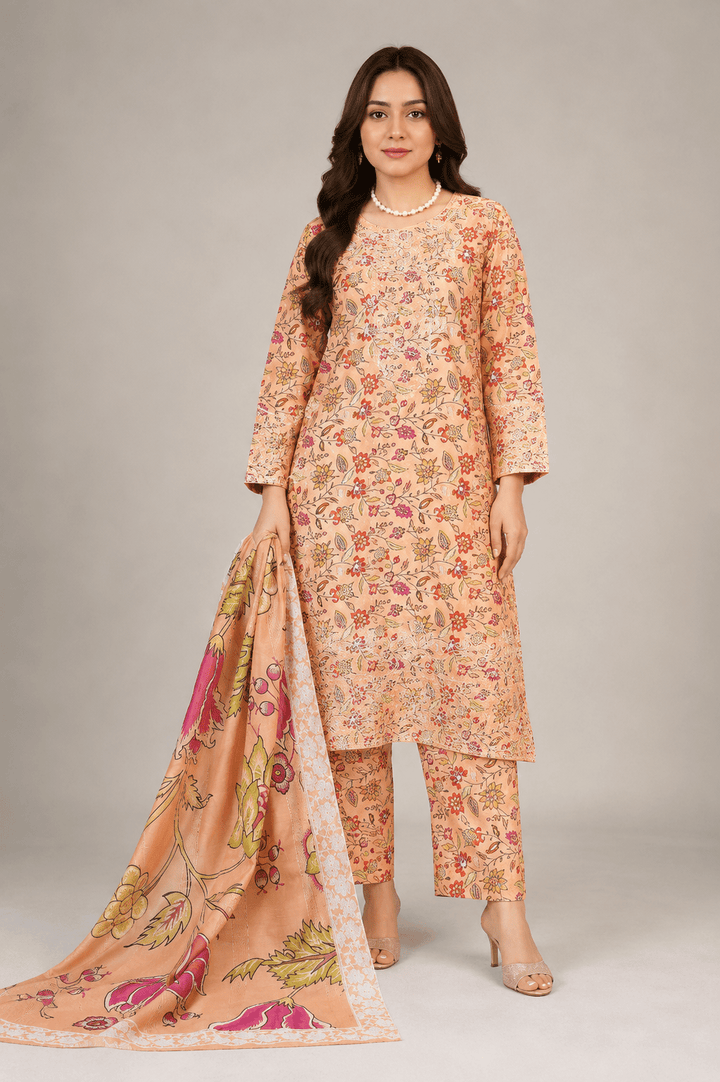 Peach Multicolour Floral Printed 3-Piece Stitched Suit for Women