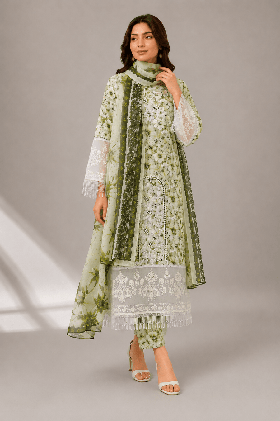 White and Green Floral Embroidered 3-Piece Stitched Suit for Women