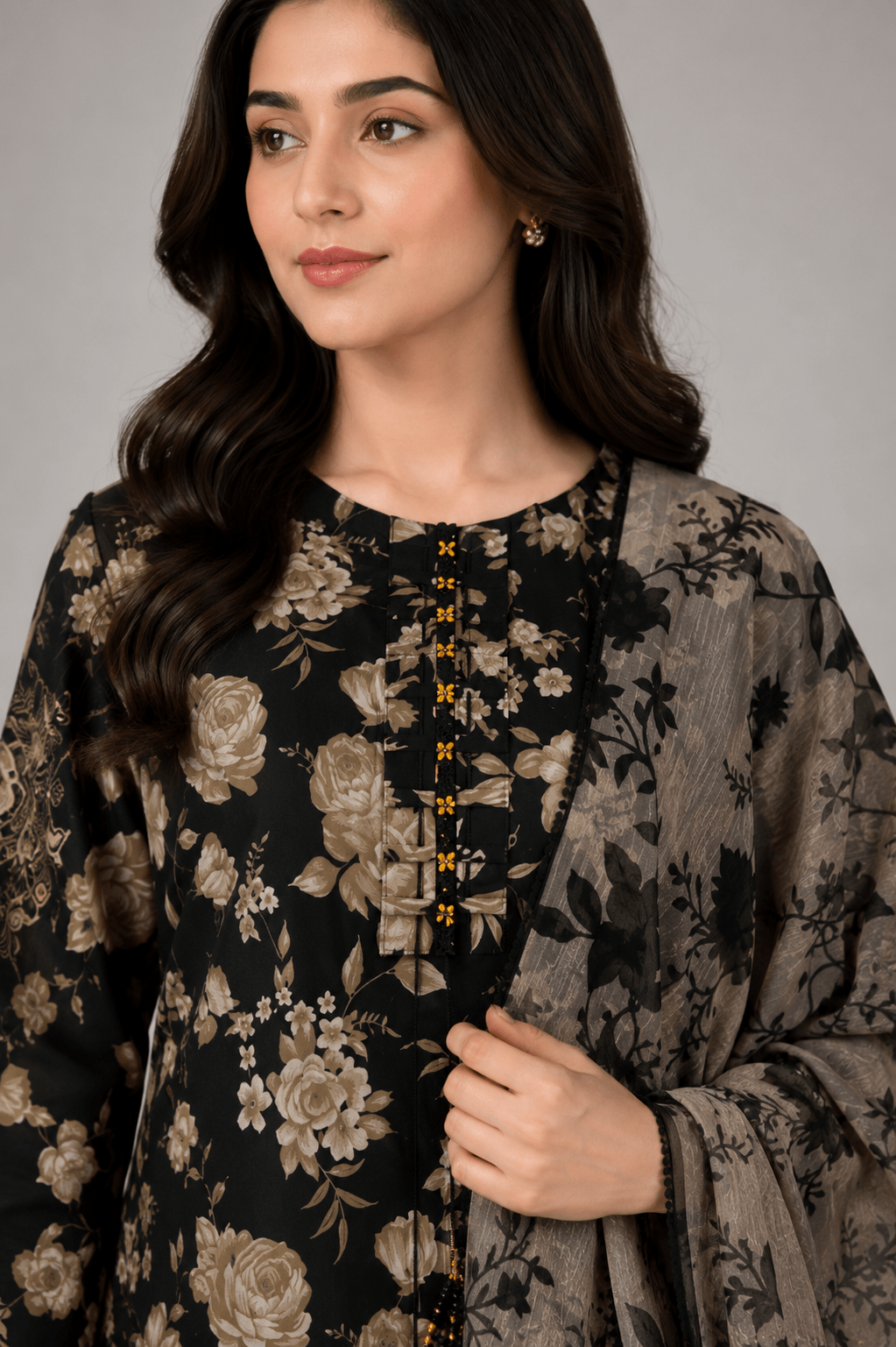 Noir Bloom black floral lawn shirt neckline and front detail