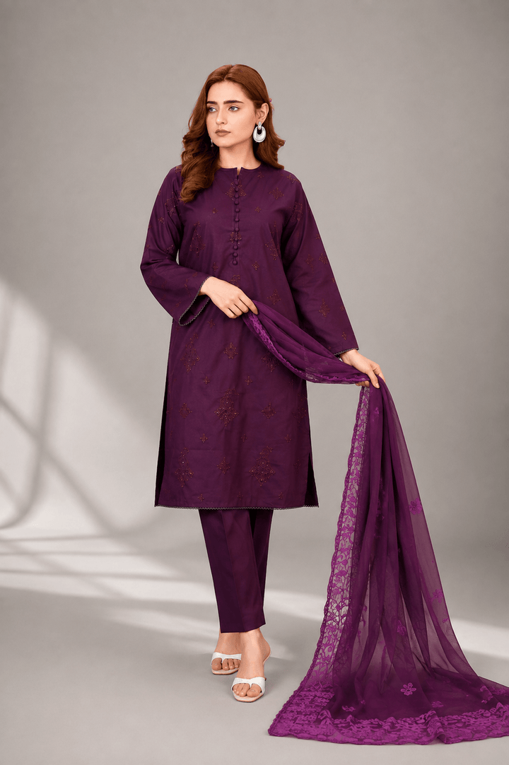 Plum Embroidered 3-Piece Stitched Suit for Women