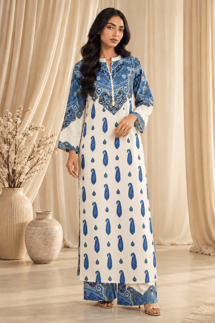 blue paisley print stitched suit