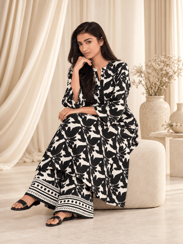 Black Leaf Print Stitched Suit | Rovaya