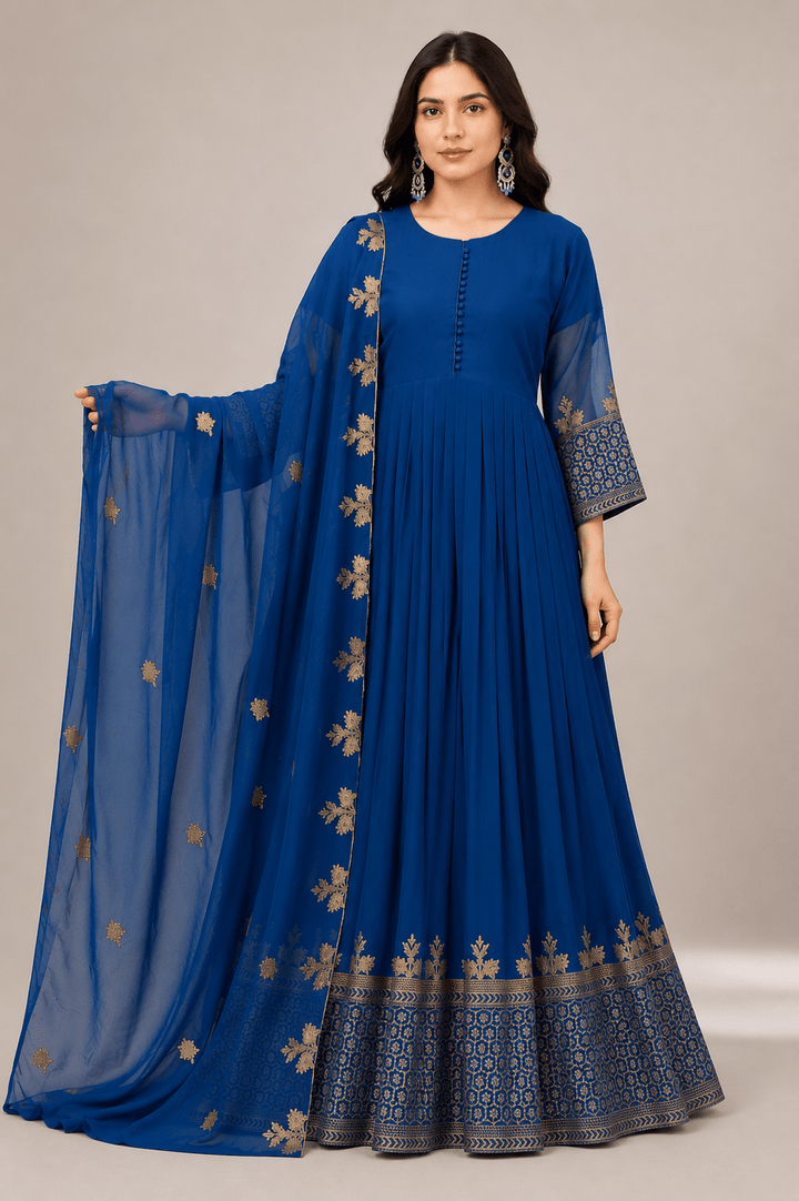 Royal Blue Anarkali Frock with Gold Embroidery for Women