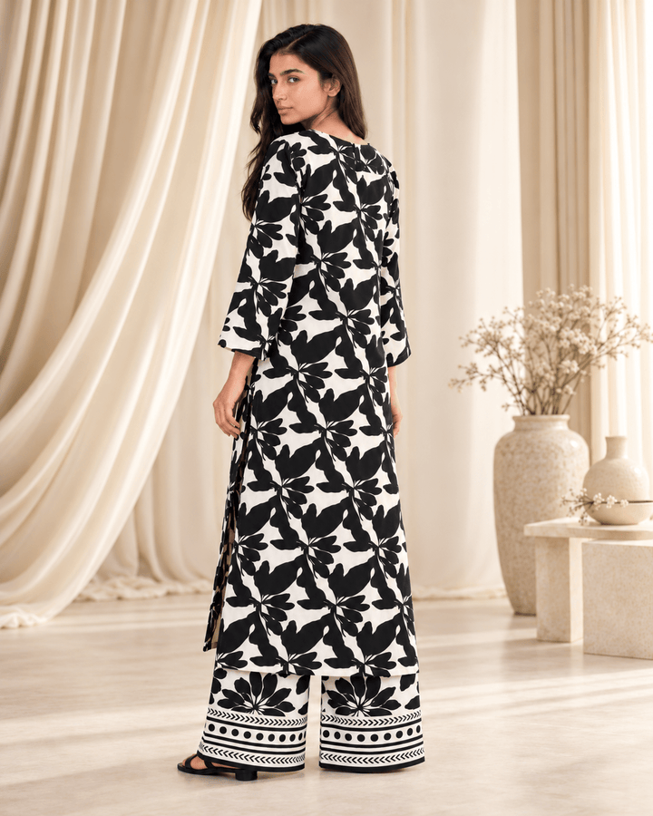 Black Leaf Print Stitched Suit | Rovaya